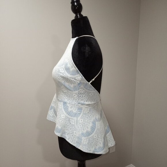 MYSTIC HALTER NECK BACKLESS PEPLUM TOP LIGHT BLUE AND WHITE SZ M - Picture 4 of 6